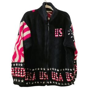 Vtg USA Flag Black Mountain Fleece Jacket L Patriotic Stars Stripes Plush Unisex